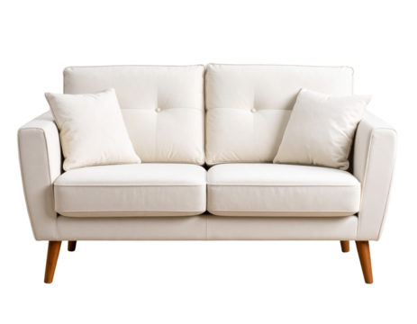 Modern Cream Upholstered Sofa with Curved Backrest, isolated on a transparent background.