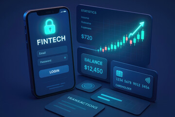 Glowing Digital Finance Interface with Stock Chart and Credit Card fintech mobile app