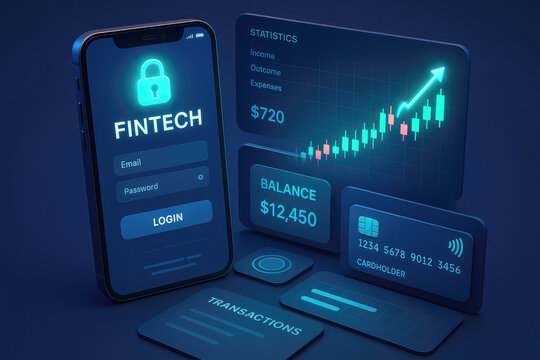 Glowing Digital Finance Interface with Stock Chart and Credit Card fintech mobile app - Powered by Adobe