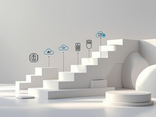 transformation roadmap for banking Modern tech icons on white abstract staircase.