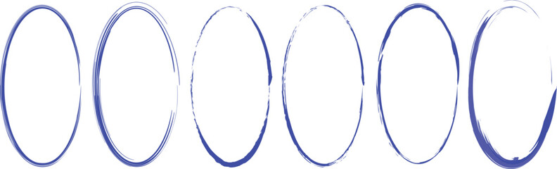 Watercolor oval frame brush stroke set in blue ink style. Elegant round border elements for artistic design, label templates, or decorative abstract layout enhancement and emphasis.