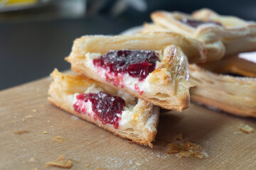 Puff pastry with jam and cream cheese. Dessert. Pastries. Food concept