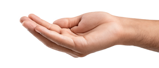 A human hand is extended with the palm facing upwards, fingers slightly curved, as if ready to hold or receive an object.