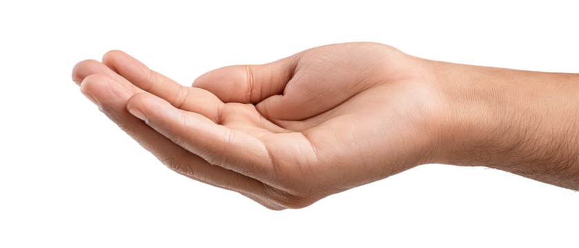 A human hand is extended with the palm facing upwards, fingers slightly curved, as if ready to hold or receive an object.