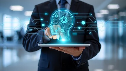 Businessman holding tablet displaying glowing ai brain hologram with circuits and data streams