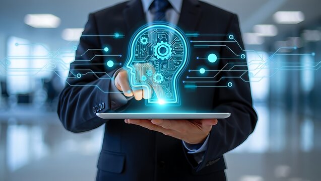 Businessman holding tablet displaying glowing ai brain hologram with circuits and data streams - Powered by Adobe