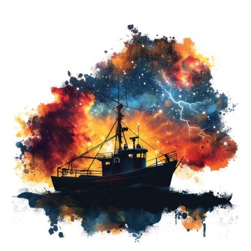 Silhouette of a ship in a colorful cosmic backdrop