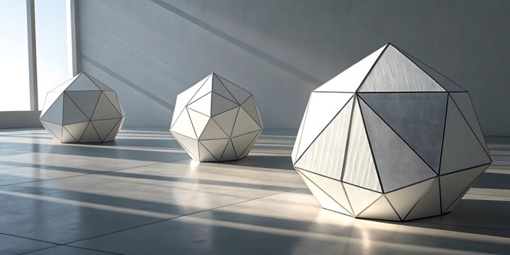 Geometric crystal sculptures illuminated by sunlight in modern interior.