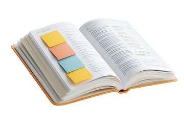 An open book with visible text and multiple colorful sticky notes marking important sections on its pages.