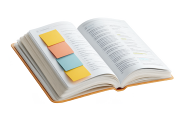 An open book with visible text and multiple colorful sticky notes marking important sections on its pages.