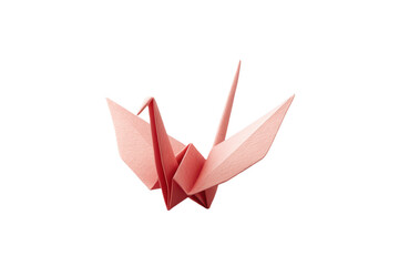 A pink origami crane crafted from paper, showcasing precise folds and sharp edges.