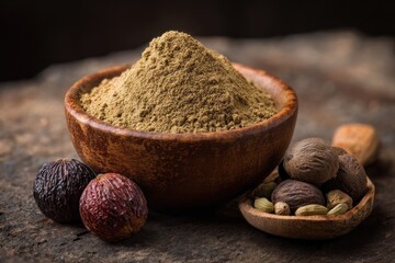 Ground spice in wooden bowl with whole spices