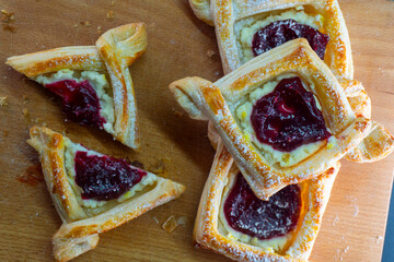Puff pastry with jam and cream cheese. Dessert. Pastries. Food concept