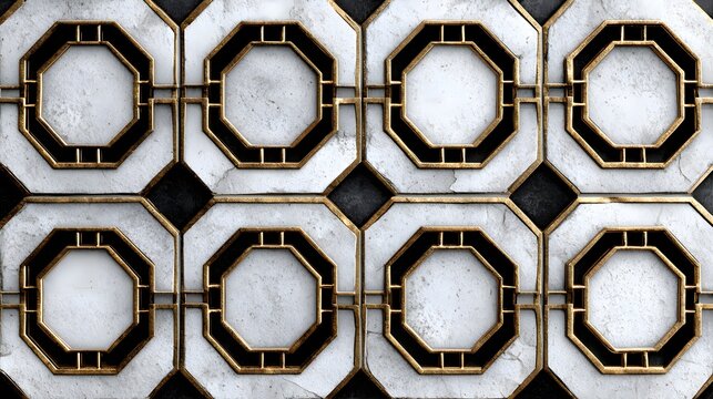 Ornate octagonal tile pattern in white marble with gold trim.
