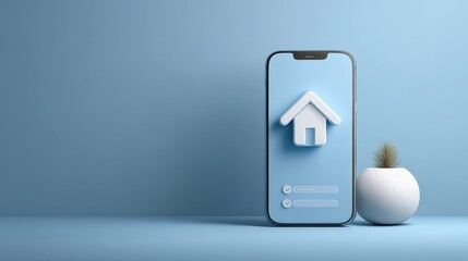 Smartphone displaying house symbol with check marks suggesting online property search, purchase, or rental, highlighting convenience of real estate transactions through mobile apps