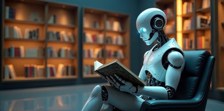 A futuristic android thoughtfully peruses a vintage tome in a dimly lit library, showcasing a serene moment of artificial intelligence engaging with classic literature.