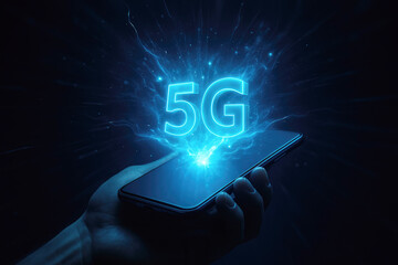 Hand holding smartphone with glowing blue 5G symbol and energy image