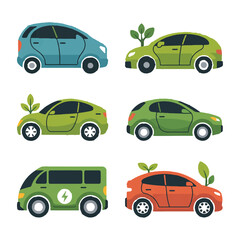 Naklejka premium A vibrant collection of ecofriendly electric cars, many adorned with green leaves, representing sustainable mobility