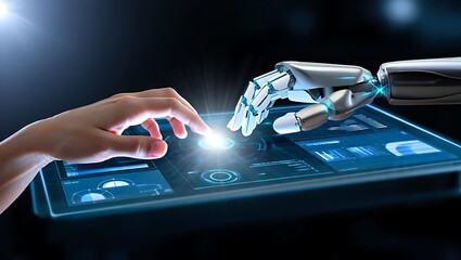 Human and robot hand interacting with futuristic glowing digital interface technology