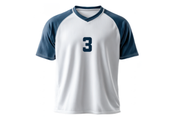 White and navy blue sports jersey with the number 3 printed on the front, featuring short sleeves and a V-neck collar.