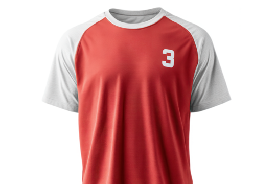 A red and white short-sleeve sports jersey with the number 3 printed on the chest.