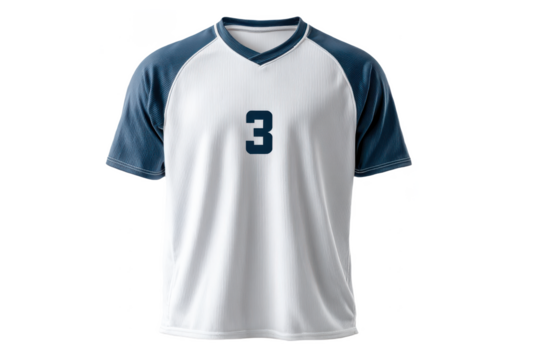 White and navy blue sports jersey with the number 3 printed on the front, featuring short sleeves and a V-neck collar.