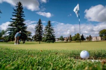 Obraz premium Close-Up View of a Golf Ball on a Putting Green with a Player Nearby, Vibrant Trees and Cloudy Sky in the Background on a Bright Day