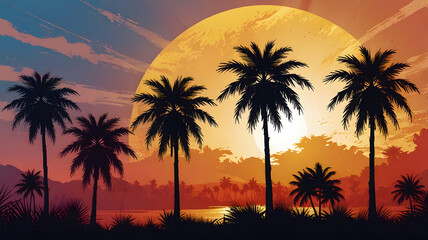 Tropical Palm Sunset Landscape Illustration with Bold Colors