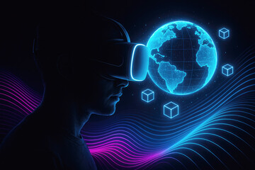 Man experiencing virtual reality with glowing earth and cubes headset globe