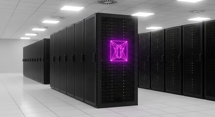 Data Center Server Racks with Purple Geometric Highlight (AI Generated)