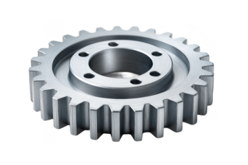 A detailed metallic gear with evenly spaced teeth and multiple holes around its center, showcasing a textured surface and circular design.