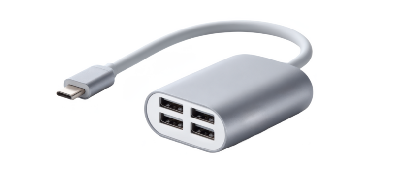 A sleek, silver USB hub with four USB ports and a USB-C connector, designed for expanding device connectivity.