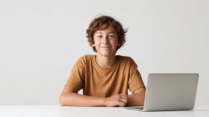 Happy boy sitting at white table with laptop, studying remotely and smiling, enjoying online education, homeschooling and elearning, modern technologies for children education