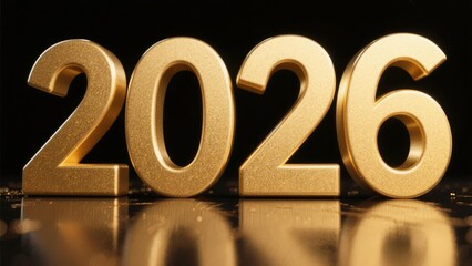 Golden 2026 Numbers on Black Background Reflective Surface New Year Luxury Elegant Design