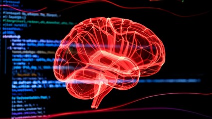 Glowing red human brain with digital code overlay on dark background