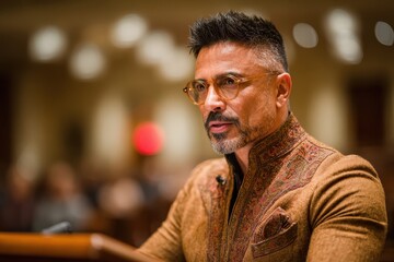 Portrait of a stylish middle-aged man with glasses and a designer coat, attending a conference or event indoors, looking off-camera with a serious expression.