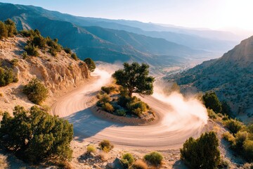 Serene Desert Landscape with Dusty Road and Lone Tree at Sunrise Over Mountain Ranges, Capturing Nature's Beauty in a Remote Area
