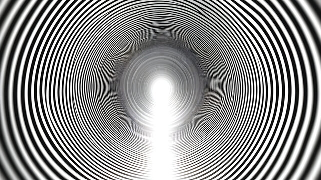 Hypnotic black and white concentric circles create tunnel effect with bright light at center, evoking mesmerizing and surreal feeling - Powered by Adobe