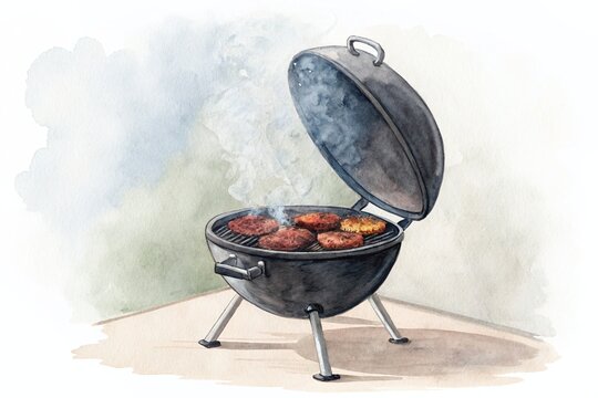Charcoal grill with lid open and steam rising, cooking burgers in a backyard setting during summer