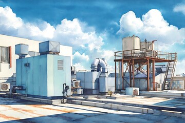 Obraz premium Serene Rooftop Industrial Watercolor: Blue Equipment, Sunny Sky, Rustic Metalwork