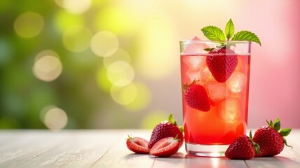 Refreshing Strawberry Ice Drink with Fresh Fruit on Wooden Table