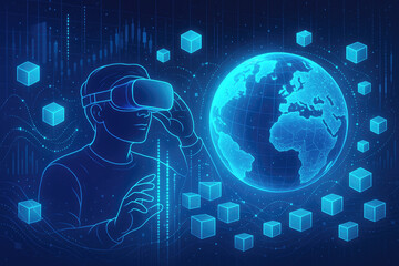 Man wearing virtual reality headset interacting with glowing digital globe and cubes