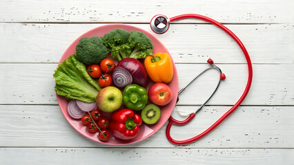 Healthy eating and medical care concept with fresh vegetables and fruits on a plate and stethoscope