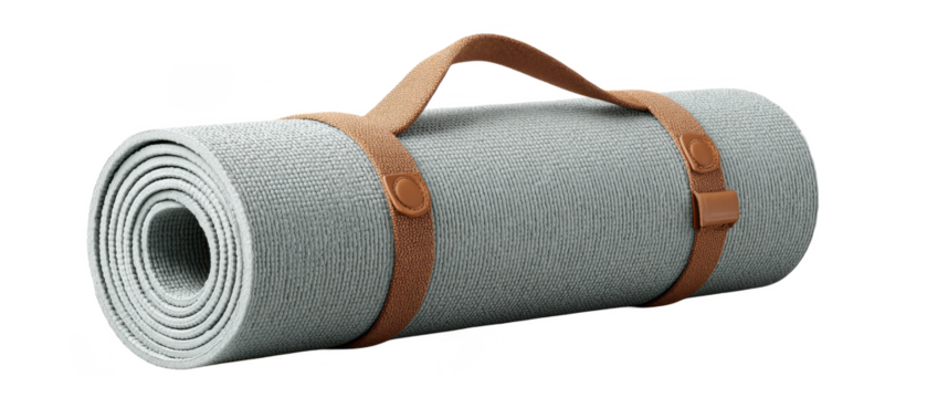 Rolled-up gray yoga mat with brown adjustable carrying straps and buckle.
