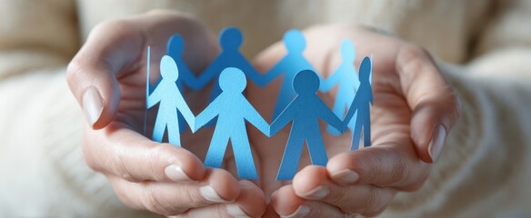 The hands holding blue paper figures representing unity and community support.