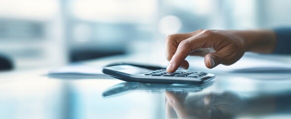 The hand using a calculator for business calculations in a modern office setting.