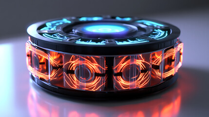 Compact energy storage core with animated pulse and glowing circuit patterns 