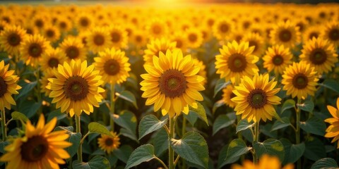 Obraz premium Golden Hour Sunflowers in a Vast Field, Basking in the Warmth of the Setting Sun, Their Vibrant Petals Glowing with Natural Light