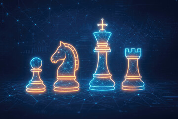 Neon chess pieces strategy board game concept image