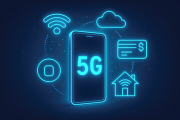 Neon glowing digital icons surrounding a smartphone displaying 5G technology connectivity